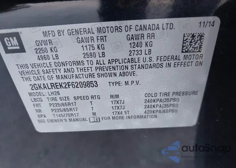2015 GMC Terrain Sle-2 из США, поврежденный, VIN 2GKALREK2F6209853